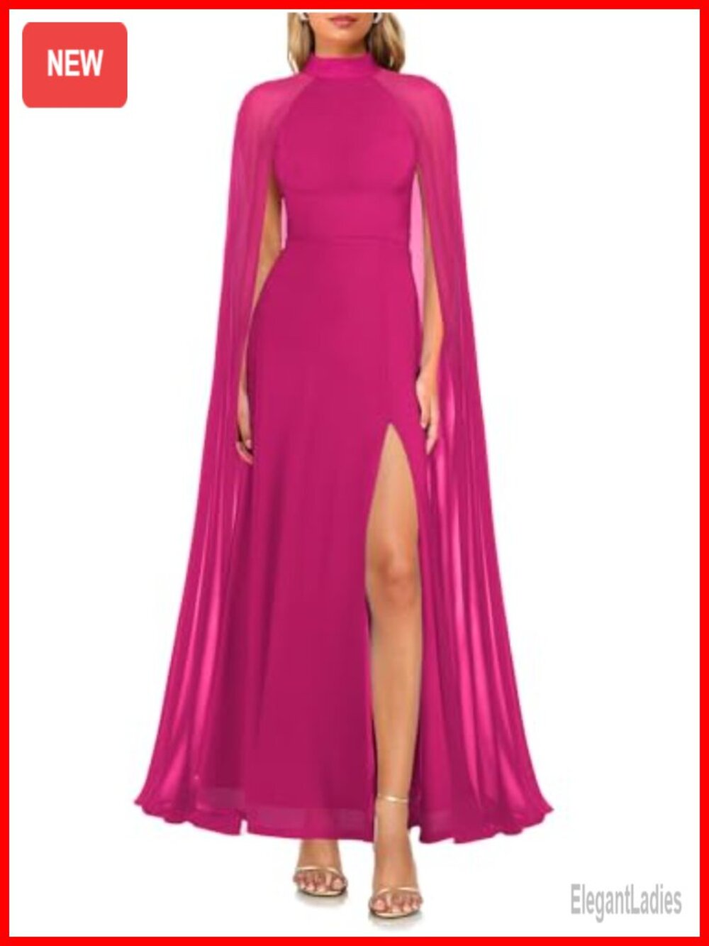 Mock Neck A-Line Maxi Dress with Cape Sleeve & Slit - Formal Evening Gown